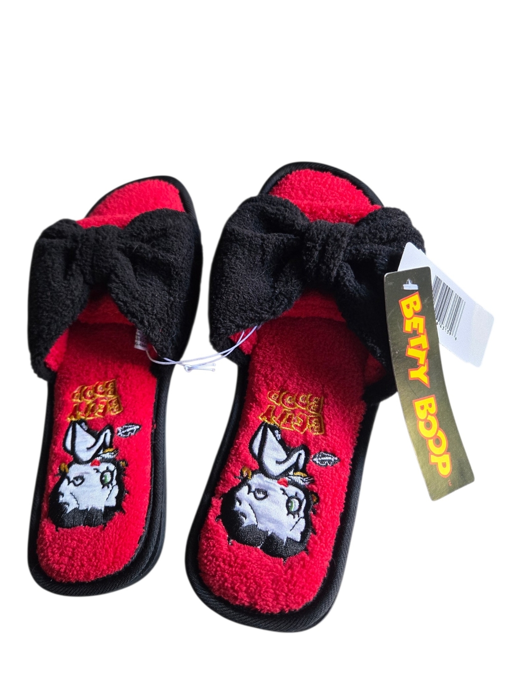 Betty Boop Red Black Bow Slippers Women’s Size 5/6 Plush Cozy Cartoon Sandals